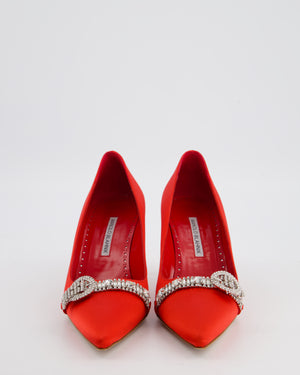 Manolo Blahnik Red Satin Asa Pump Heel with Crystal Embellished Buckle Size EU 38