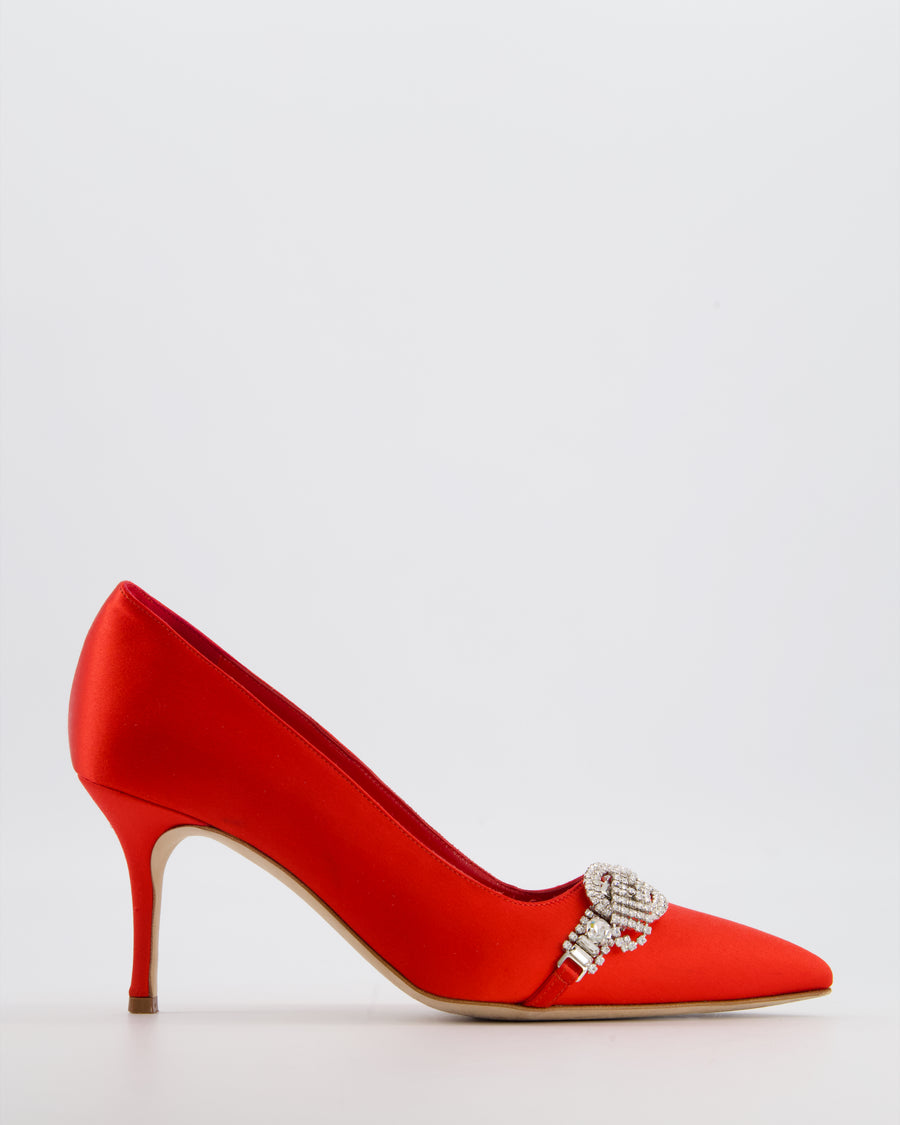 Manolo Blahnik Red Satin Asa Pump Heel with Crystal Embellished Buckle Size EU 38