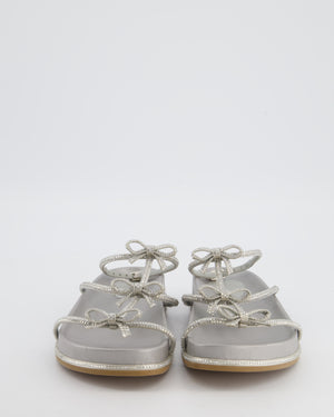 Rene Caovilla Silver Caterina Flat Sandals with Crystal Bow Detail Size EU 38