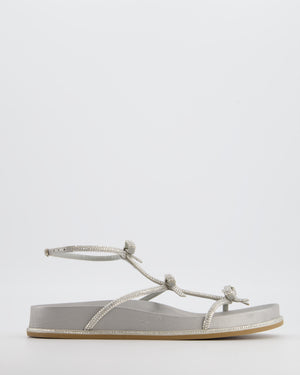 Rene Caovilla Silver Caterina Flat Sandals with Crystal Bow Detail Size EU 38