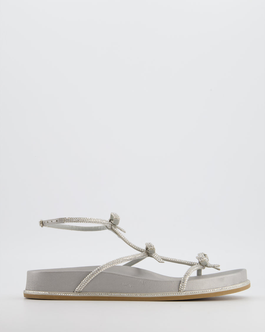 Rene Caovilla Silver Caterina Flat Sandals with Crystal Bow Detail Size EU 38
