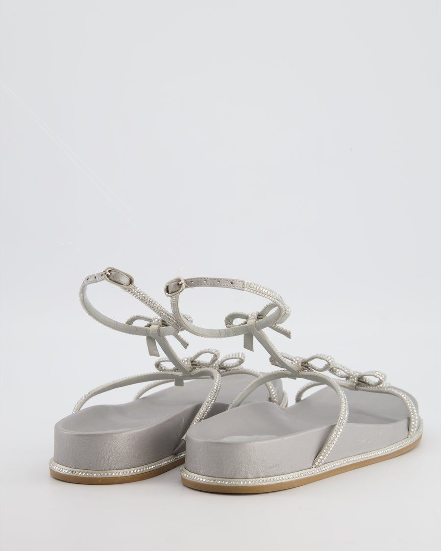 Rene Caovilla Silver Caterina Flat Sandals with Crystal Bow Detail Size EU 38