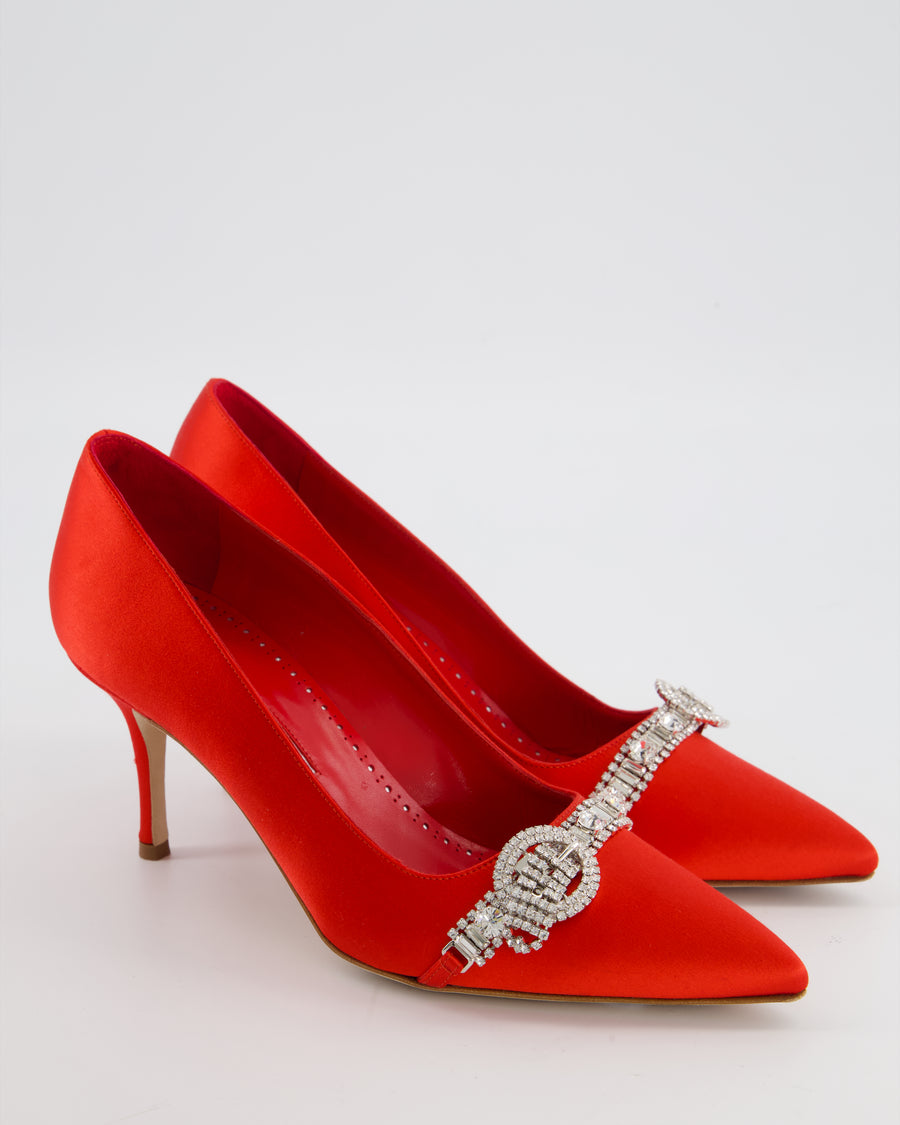 Manolo Blahnik Red Satin Asa Pump Heel with Crystal Embellished Buckle Size EU 38