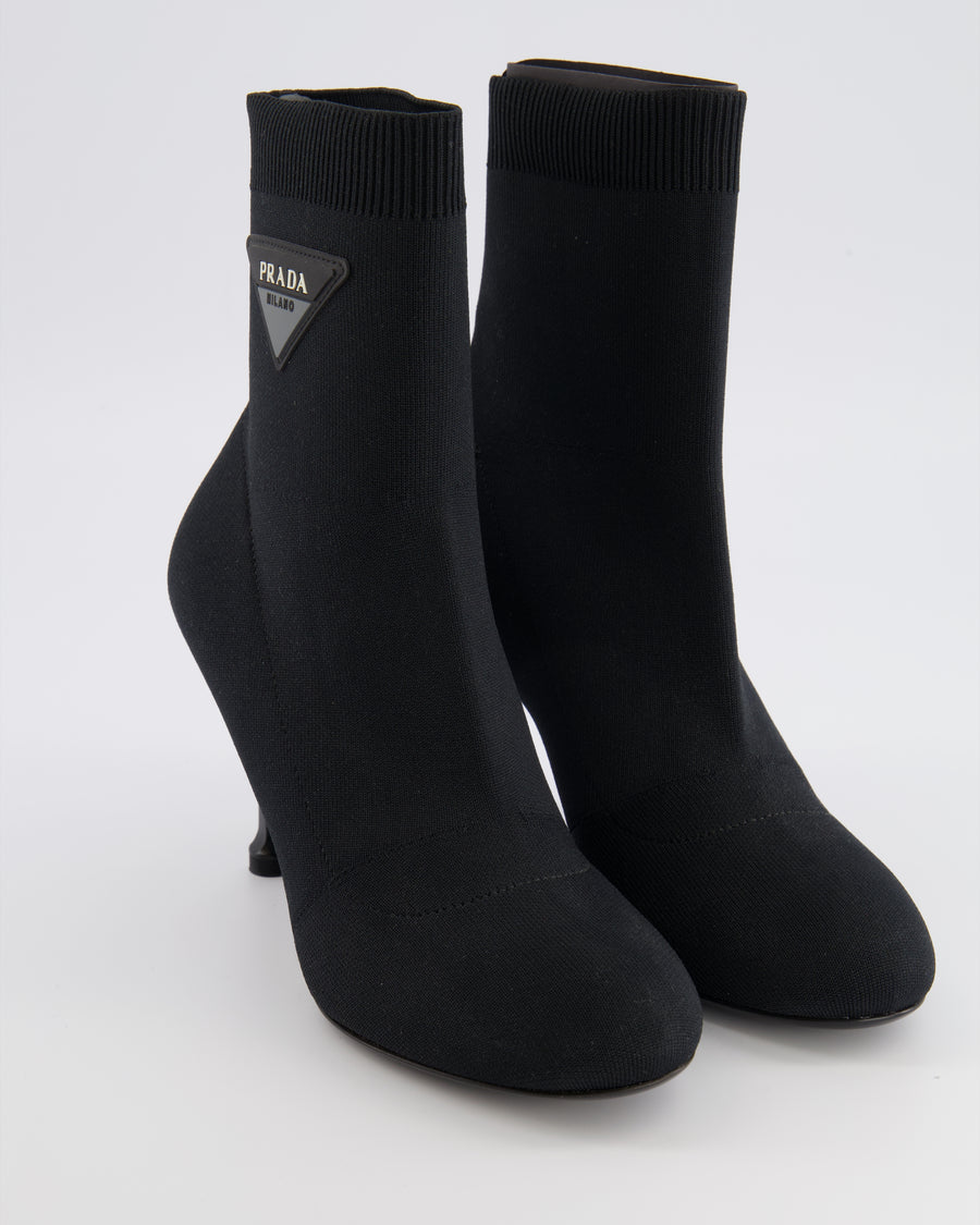 Prada Black Canvas Sock Heeled Boots with Logo Detail Size EU 37