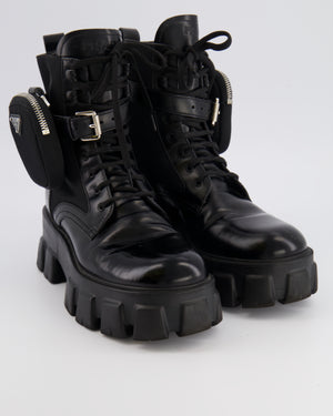 Prada Black Monolith Leather and Re-Nylon Combat Boots with Pouch Size EU 37.5 RRP £1,300