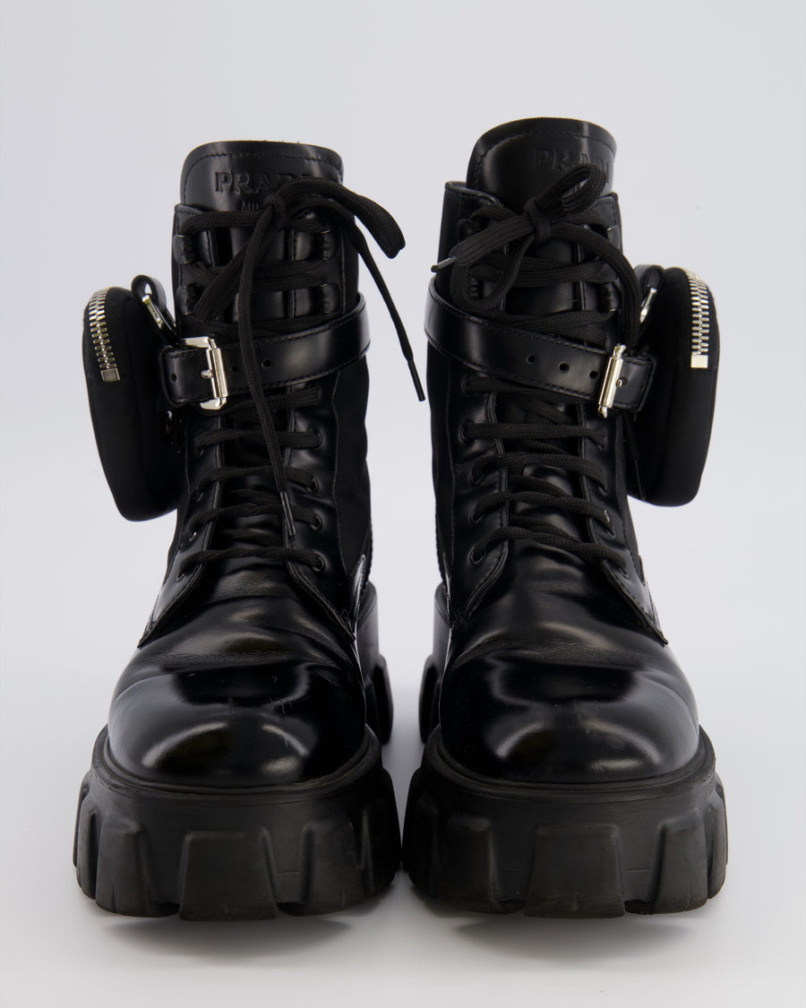 Prada Black Monolith Leather and Re-Nylon Combat Boots with Pouch Size EU 37.5 RRP £1,300