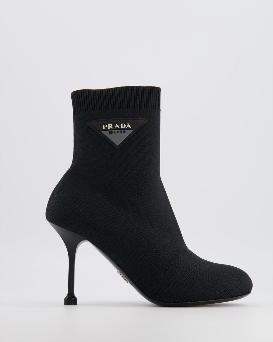 Prada Black Canvas Sock Heeled Boots with Logo Detail Size EU 37