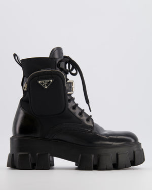 Prada Black Monolith Leather and Re-Nylon Combat Boots with Pouch Size EU 37.5 RRP £1,300