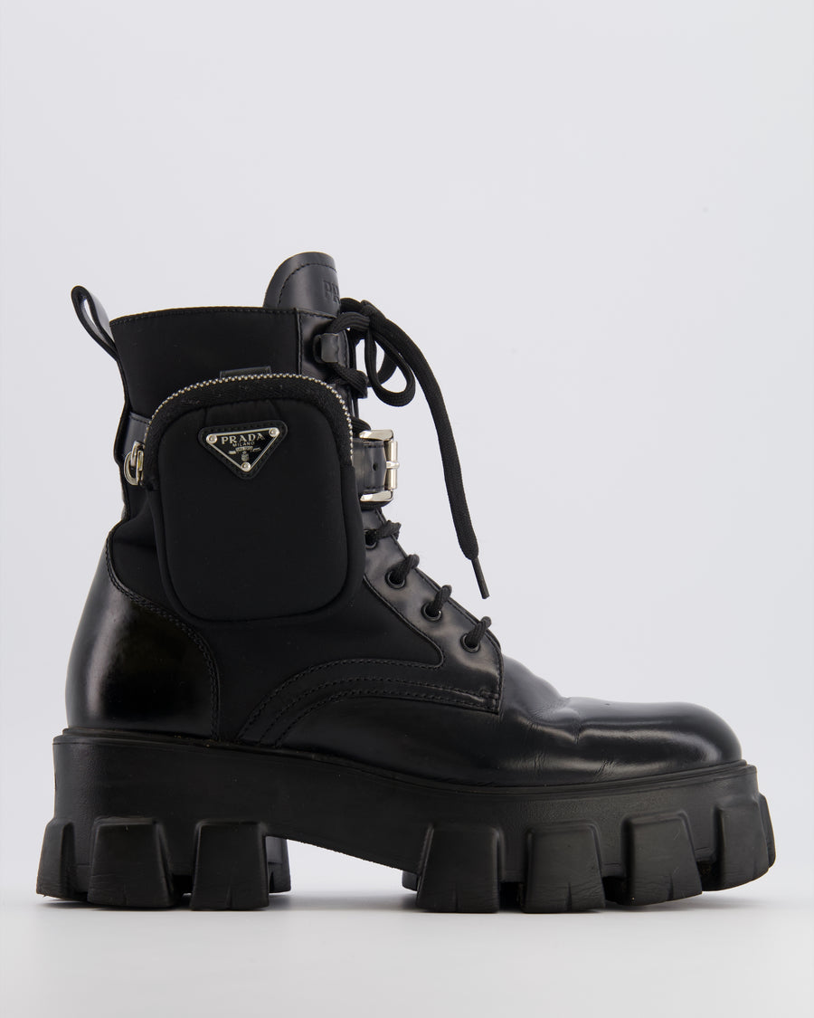 Prada Black Monolith Leather and Re-Nylon Combat Boots with Pouch Size EU 37.5 RRP £1,300