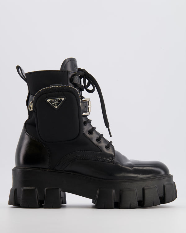 Prada Black Monolith Leather and Re-Nylon Combat Boots with Pouch Size EU 37.5 RRP £1,300