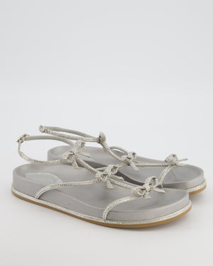 Rene Caovilla Silver Caterina Flat Sandals with Crystal Bow Detail Size EU 38