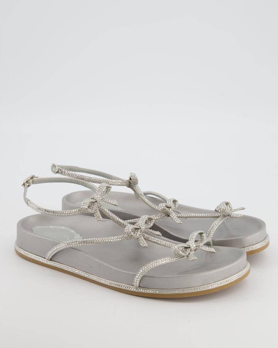 Rene Caovilla Silver Caterina Flat Sandals with Crystal Bow Detail Size EU 38