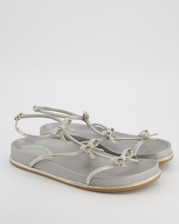 Rene Caovilla Silver Caterina Flat Sandals with Crystal Bow Detail Size EU 38
