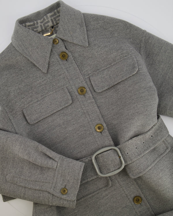Fendi Grey Wool Belted Coat with FF Logo Lining Gold Logo Buttons Size IT 42 (UK 10) RRP £3,600