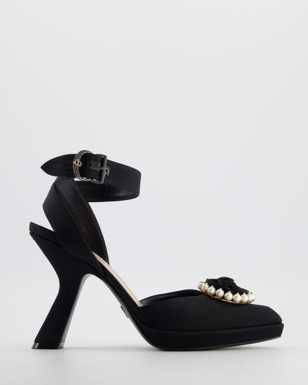 Christian Dior Black Rose Pump with White Pearl Detail Size EU 38