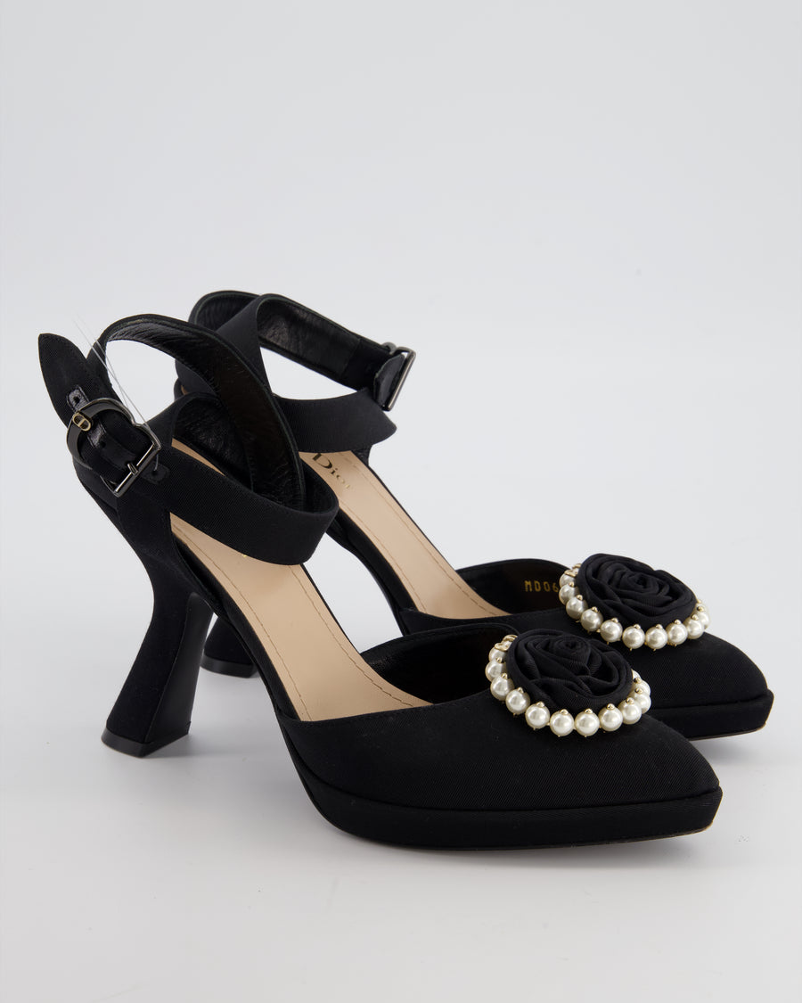 Christian Dior Black Rose Pump with White Pearl Detail Size EU 38