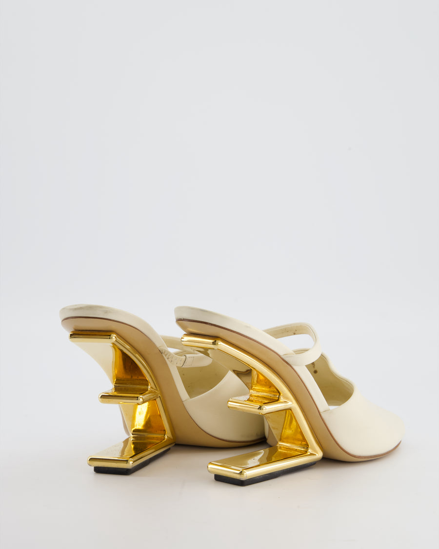 Fendi Cream First Heeled Sandal with Gold Logo Heel Detail Size EU 39