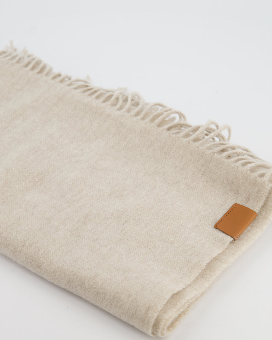 Loewe Beige Cashmere Scarf with Tassel Detail and Brown Leather Logo