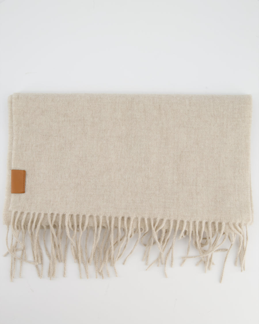 Loewe Beige Cashmere Scarf with Tassel Detail and Brown Leather Logo
