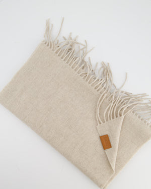 Loewe Beige Cashmere Scarf with Tassel Detail and Brown Leather Logo