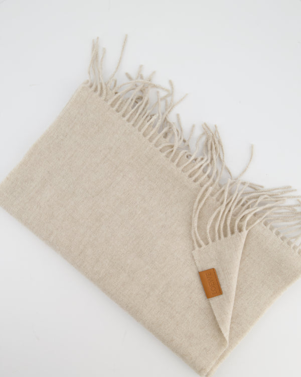 Loewe Beige Cashmere Scarf with Tassel Detail and Brown Leather Logo