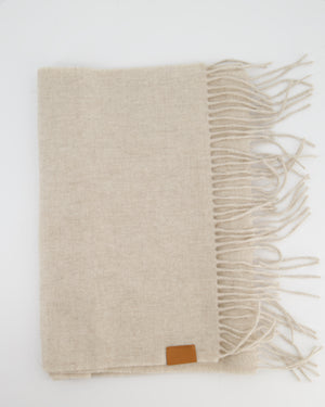 Loewe Beige Cashmere Scarf with Tassel Detail and Brown Leather Logo