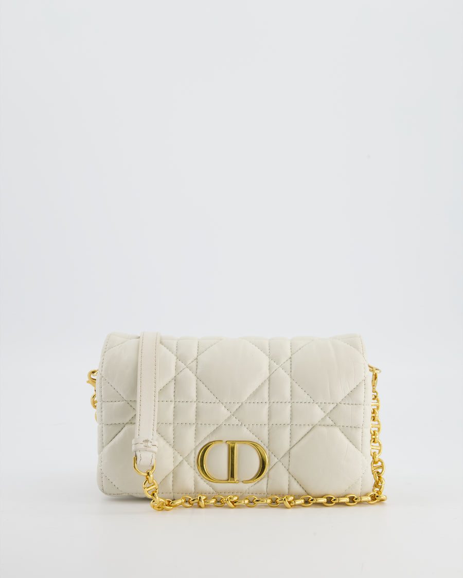 Christian Dior White Caro Macrocannage Calfskin Leather Flap Bag With Gold Hardware