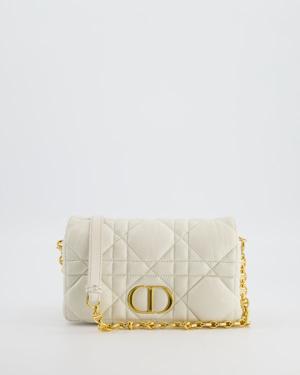 Christian Dior White Caro Macrocannage Calfskin Leather Flap Bag With Gold Hardware
