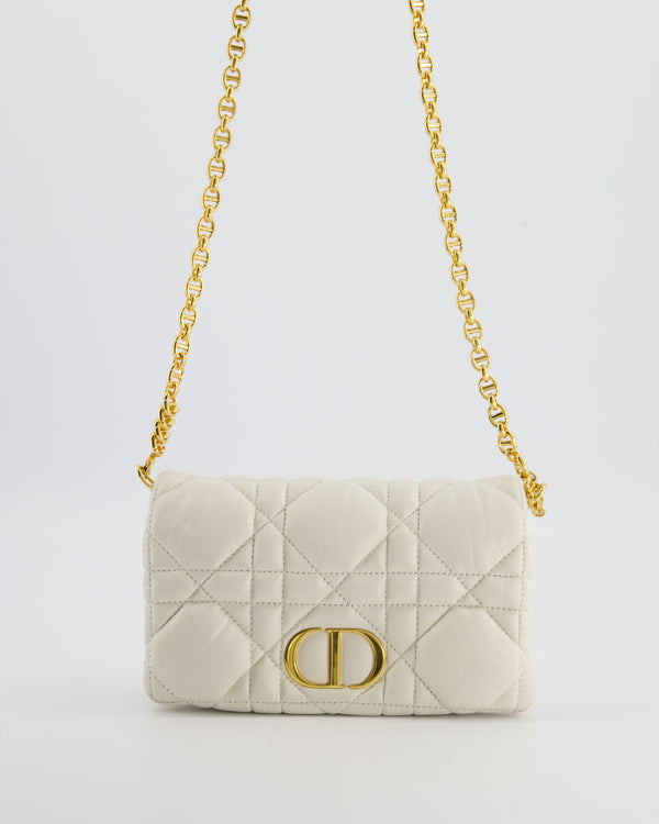 Christian Dior White Caro Macrocannage Calfskin Leather Flap Bag With Gold Hardware