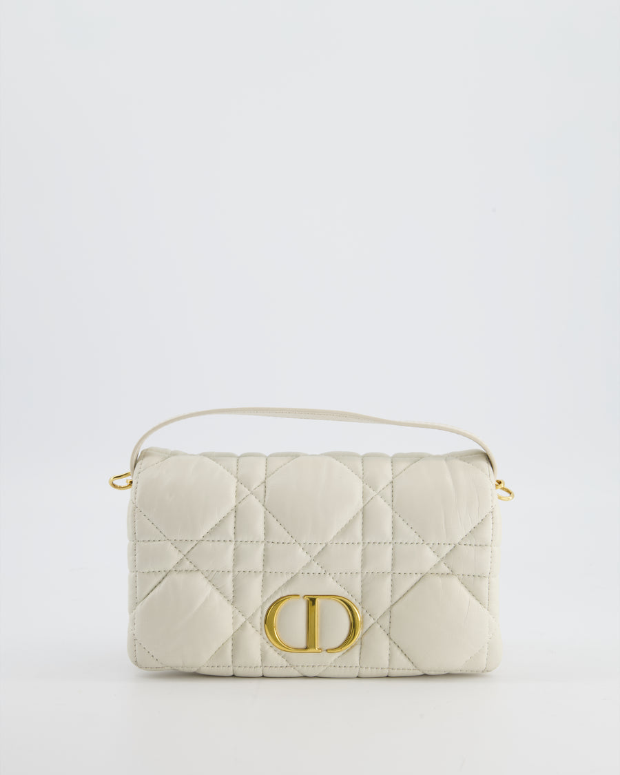 Christian Dior White Caro Macrocannage Calfskin Leather Flap Bag With Gold Hardware