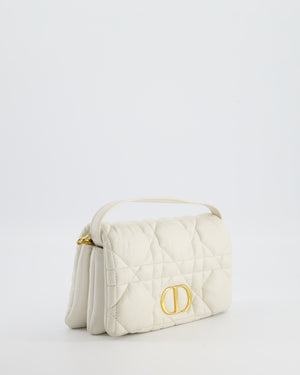 Christian Dior White Caro Macrocannage Calfskin Leather Flap Bag With Gold Hardware