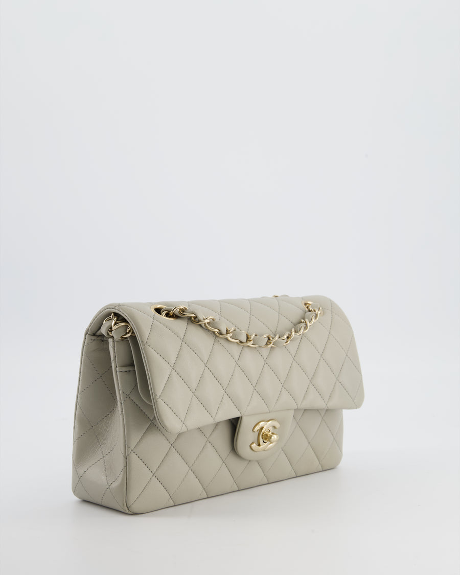 Chanel Small Classic Double Flap Bag in Grey Lambskin Leather with Champagne Gold Hardware