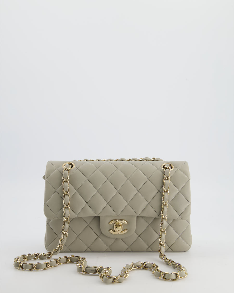 Chanel Small Classic Double Flap Bag in Grey Lambskin Leather with Champagne Gold Hardware