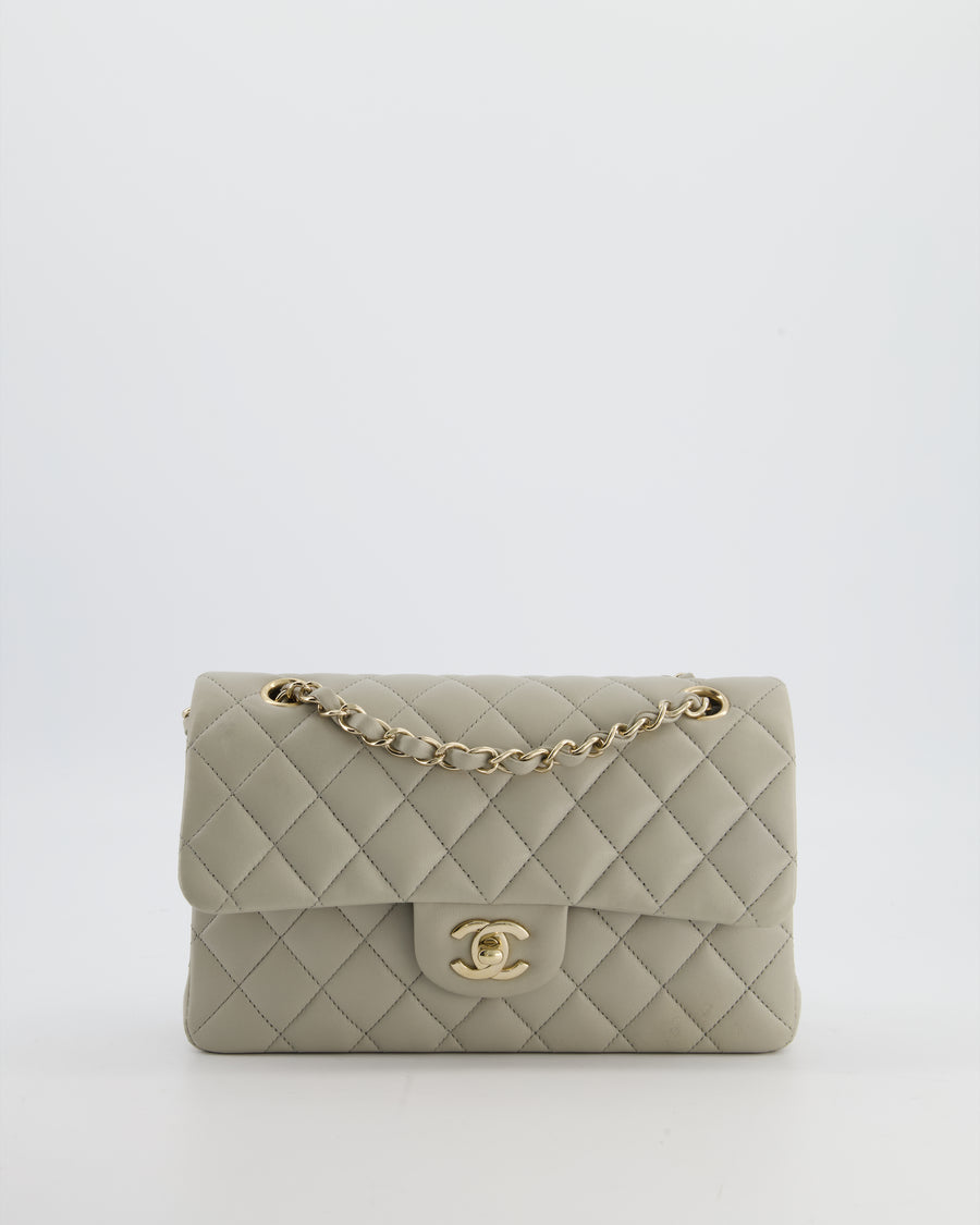 Chanel Small Classic Double Flap Bag in Grey Lambskin Leather with Champagne Gold Hardware