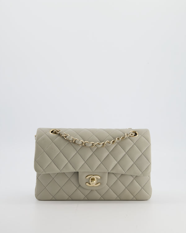 Chanel Small Classic Double Flap Bag in Grey Lambskin Leather with Champagne Gold Hardware