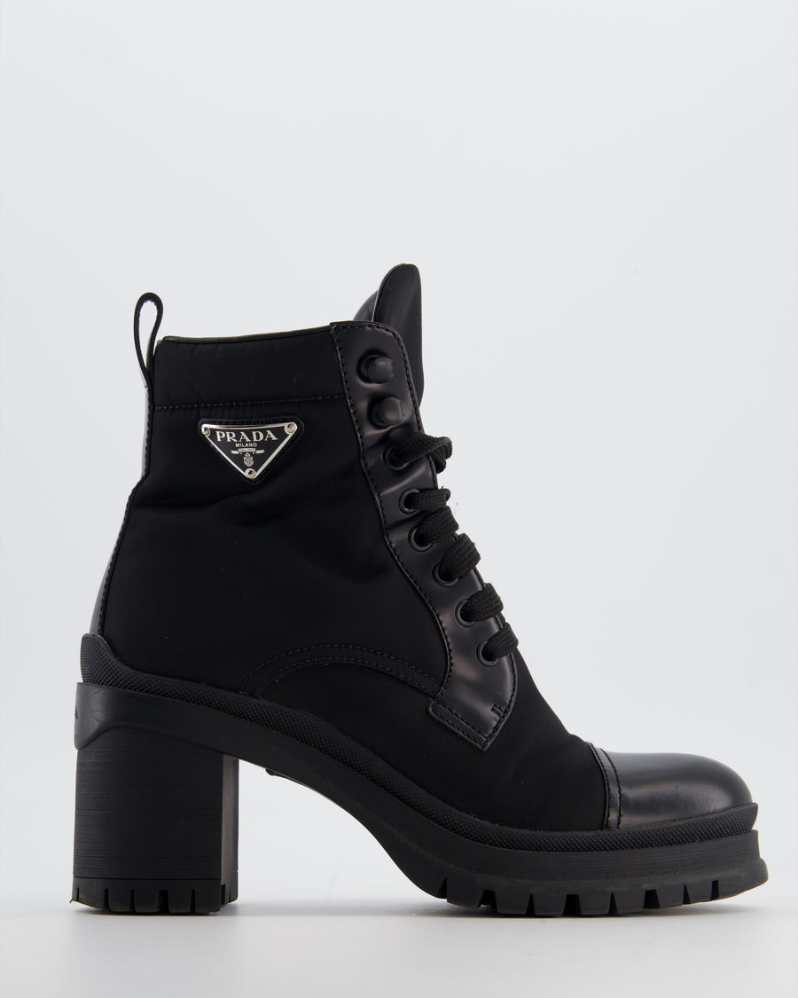 Prada Black Leather and Re-Nylon Combat Boots with Block in Heel & Logo Detail Size EU 37 RRP £1180