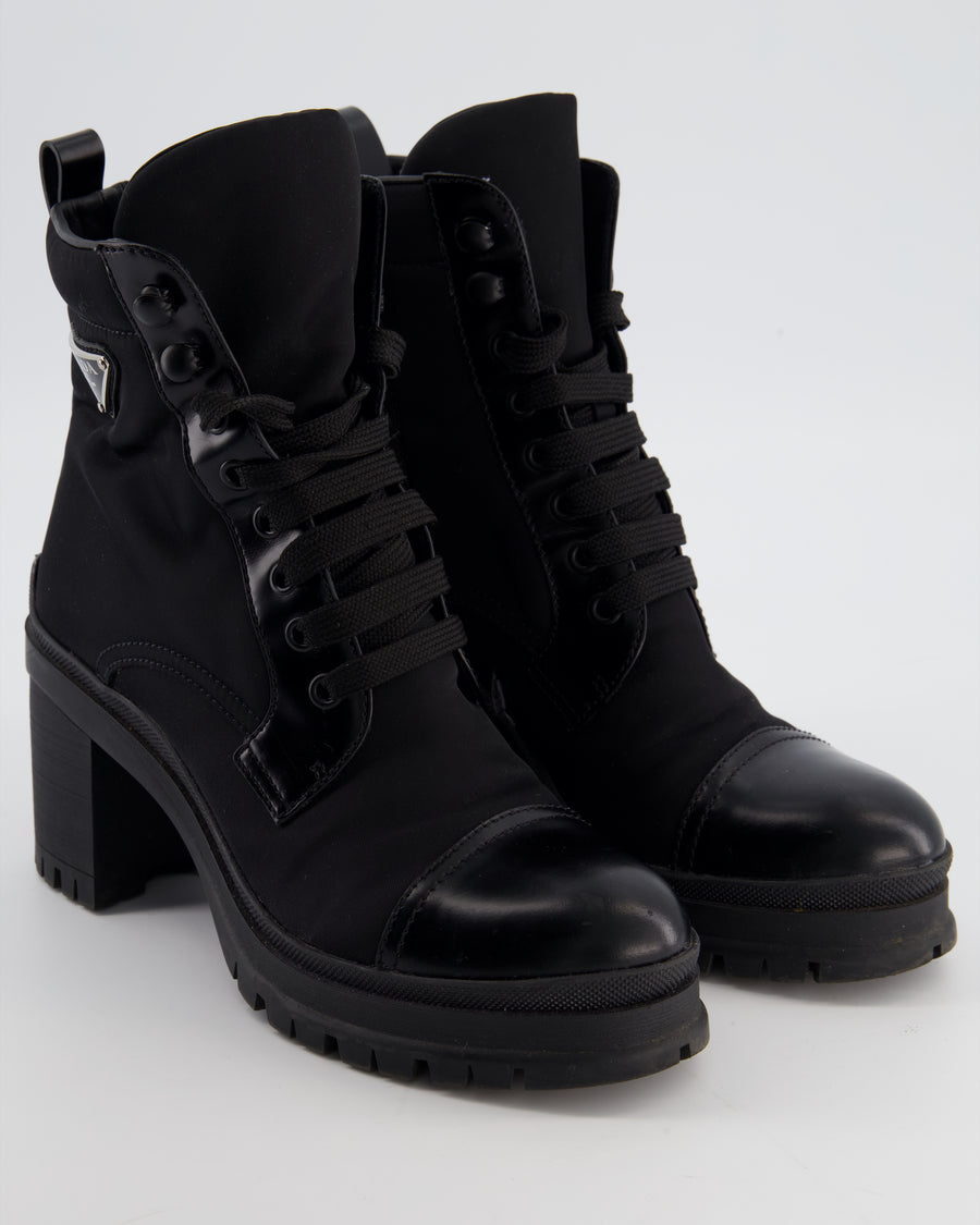 Prada Black Leather and Re-Nylon Combat Boots with Block in Heel & Logo Detail Size EU 37 RRP £1180