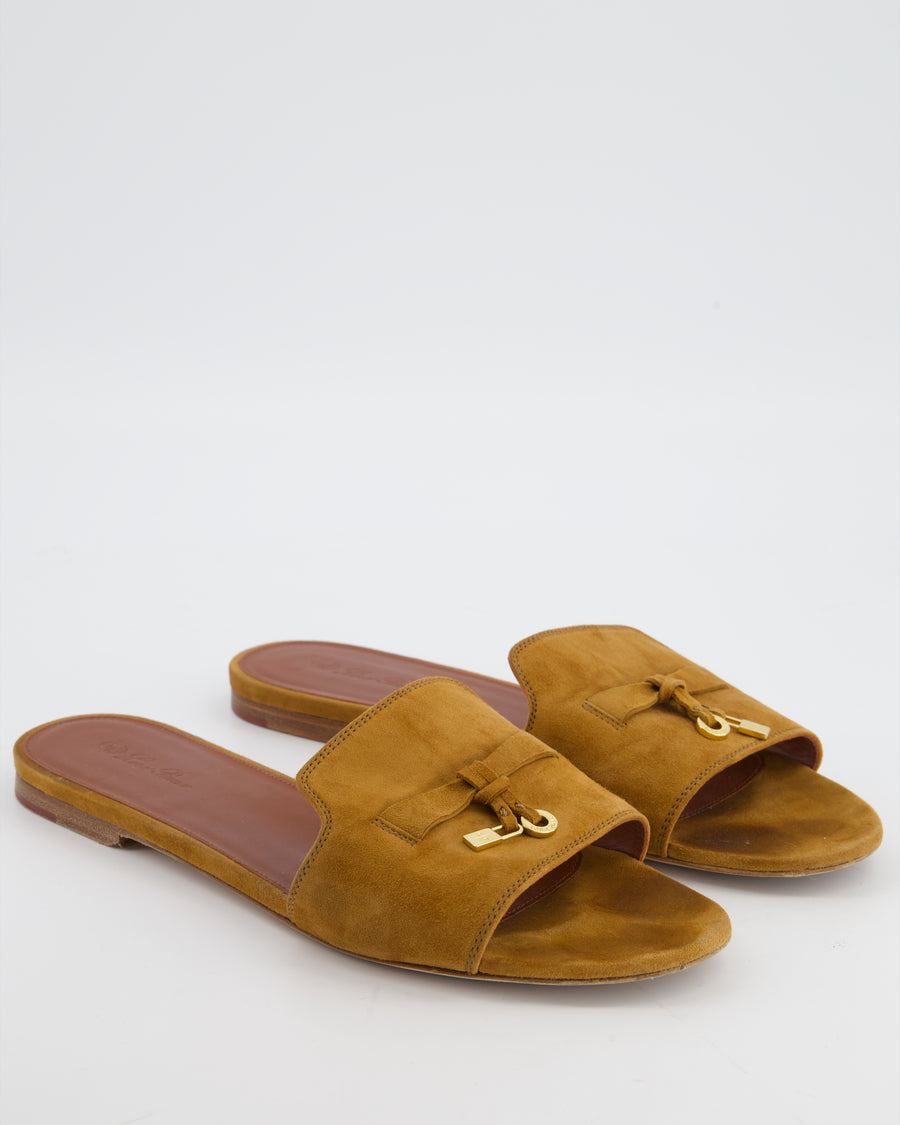 Loro Piana Tan Brown Suede Summer Charms Flat Mule Sandals Size EU 40.5