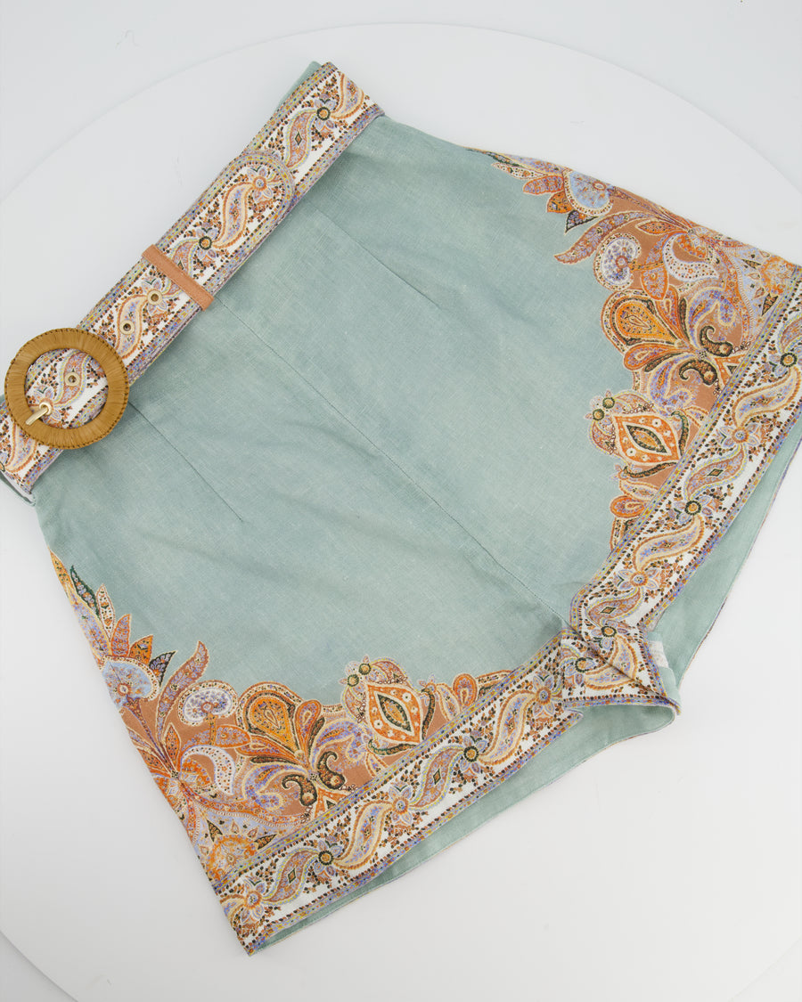 Zimmermann Teal Linen Paisley Print Mini Shorts with Matching Belt Size 1 (UK 10)