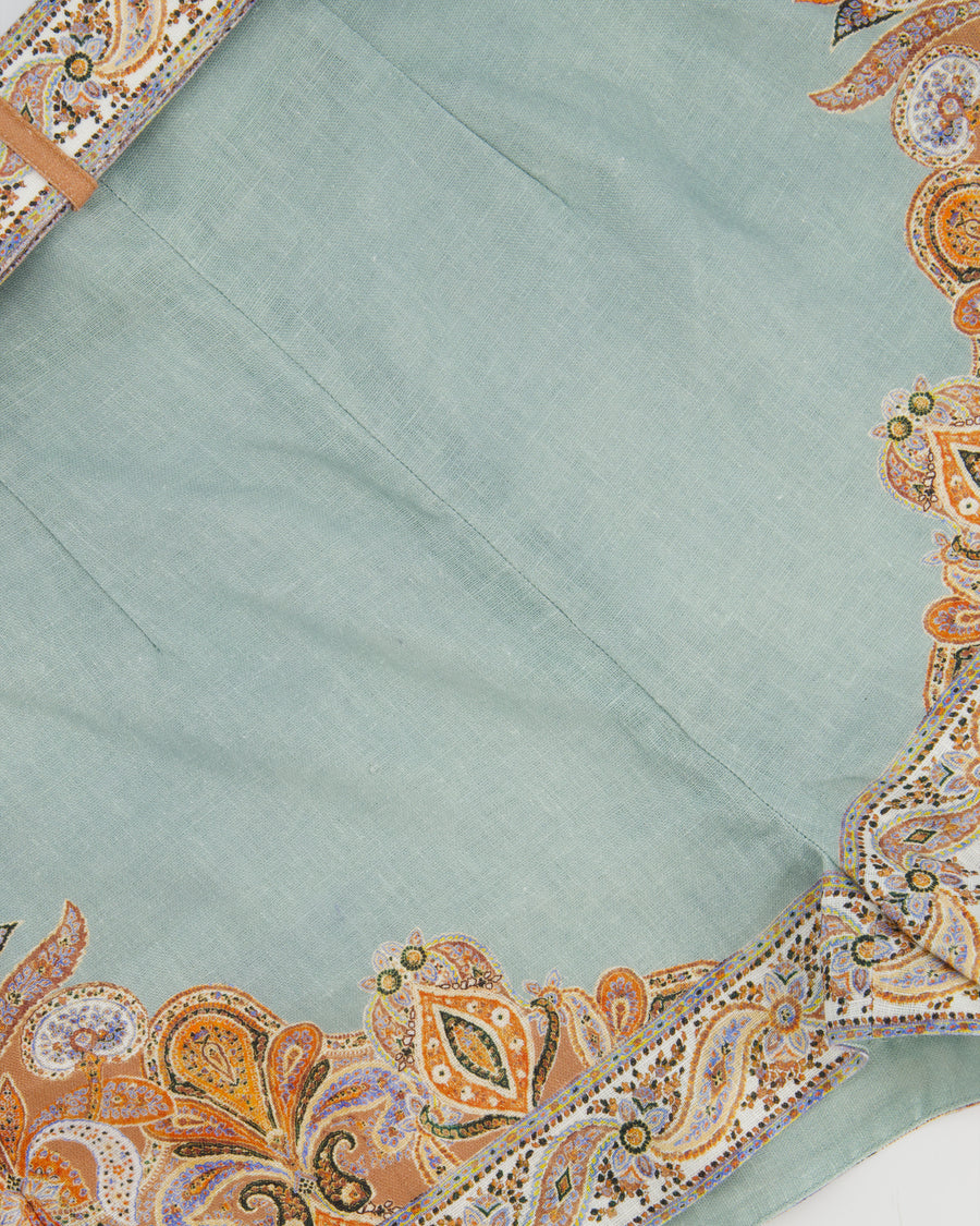 Zimmermann Teal Linen Paisley Print Mini Shorts with Matching Belt Size 1 (UK 10)