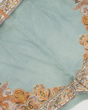 Zimmermann Teal Linen Paisley Print Mini Shorts with Matching Belt Size 1 (UK 10)