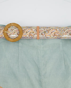 Zimmermann Teal Linen Paisley Print Mini Shorts with Matching Belt Size 1 (UK 10)