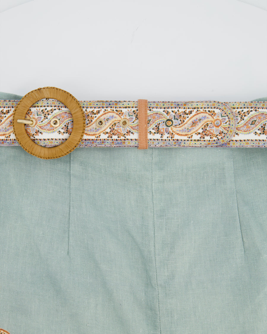 Zimmermann Teal Linen Paisley Print Mini Shorts with Matching Belt Size 1 (UK 10)