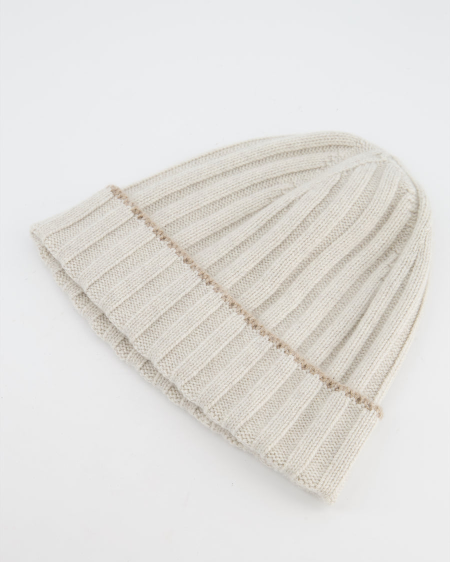 Brunello Cucinelli Taupe Ribbed Cashmere Beanie Hat Size M