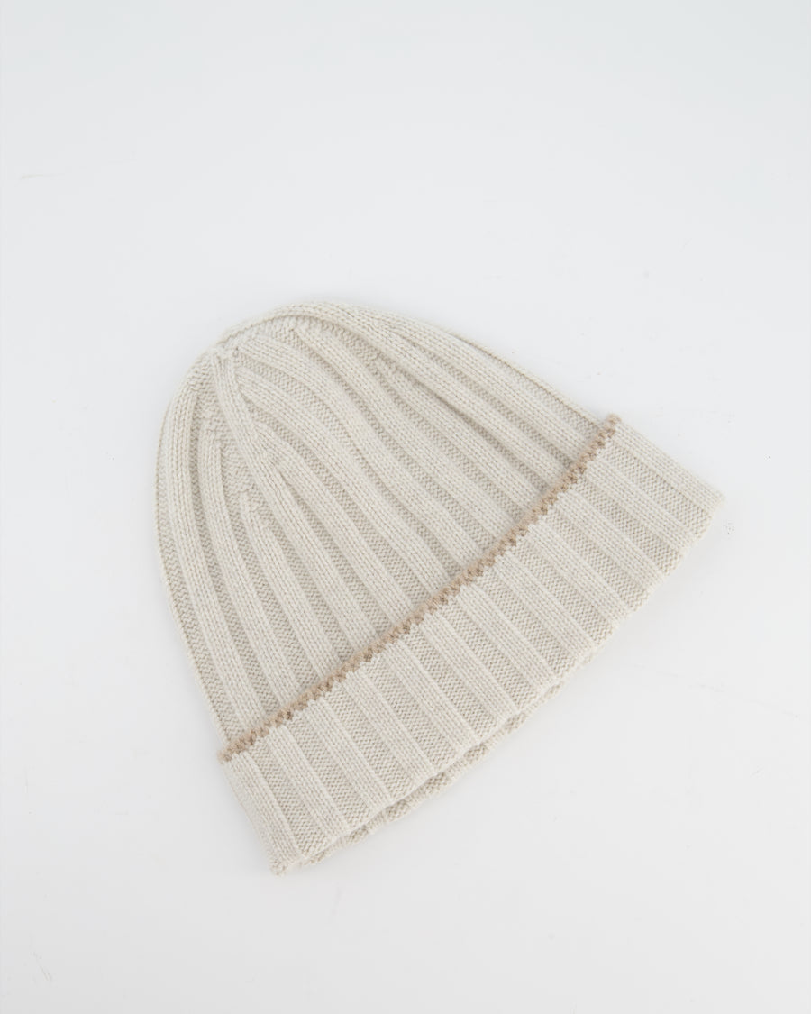Brunello Cucinelli Taupe Ribbed Cashmere Beanie Hat Size M