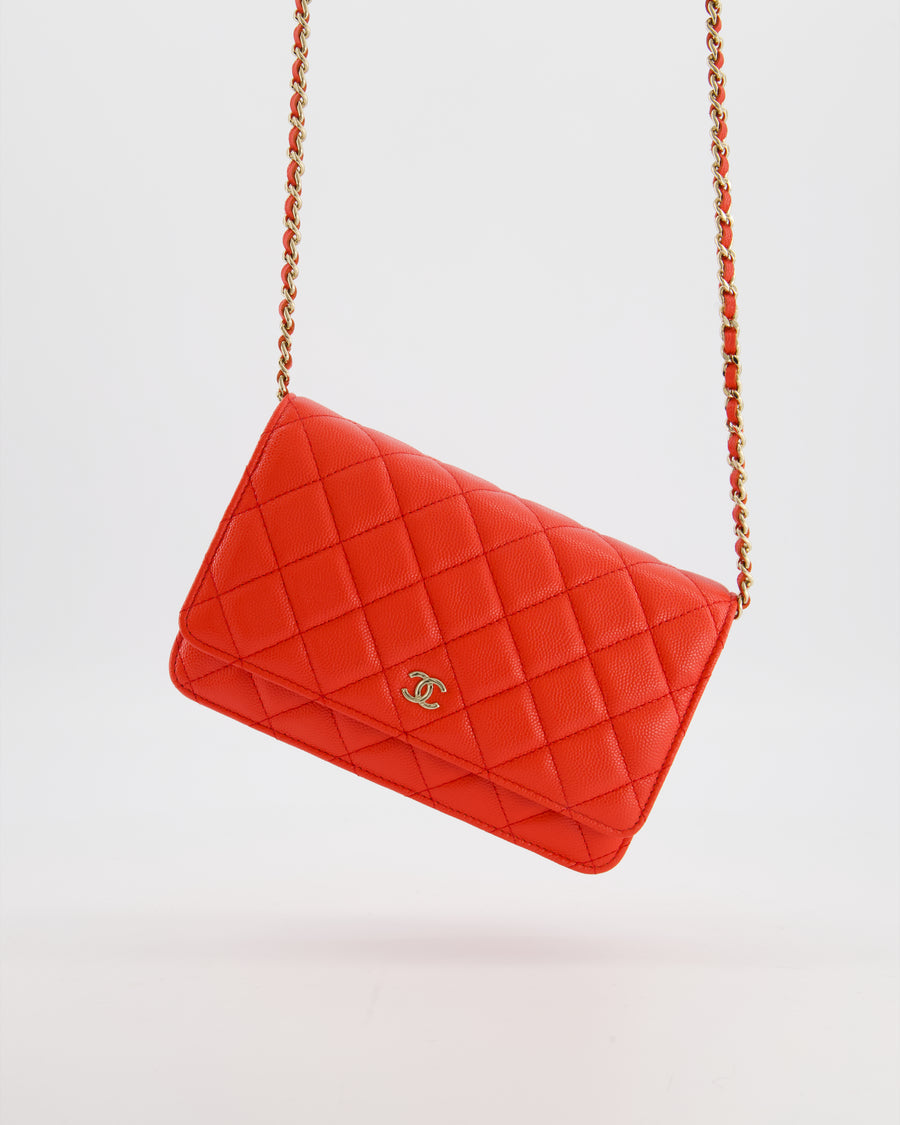 Chanel Red Wallet on Chain Bag in Caviar Leather with Champagne Gold Hardware