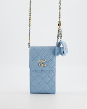Chanel Sky Blue Phone Holder Cross-Body Bag with Airpod Pouch in Caviar Leather with Champagne Gold Hardware