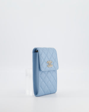Chanel Sky Blue Phone Holder Cross-Body Bag with Airpod Pouch in Caviar Leather with Champagne Gold Hardware