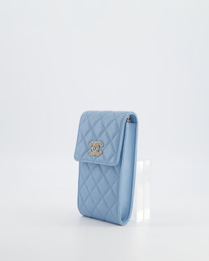 Chanel Sky Blue Phone Holder Cross-Body Bag with Airpod Pouch in Caviar Leather with Champagne Gold Hardware