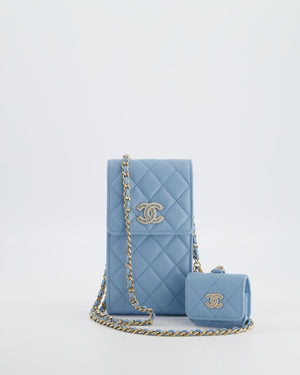 Chanel Sky Blue Phone Holder Cross-Body Bag with Airpod Pouch in Caviar Leather with Champagne Gold Hardware